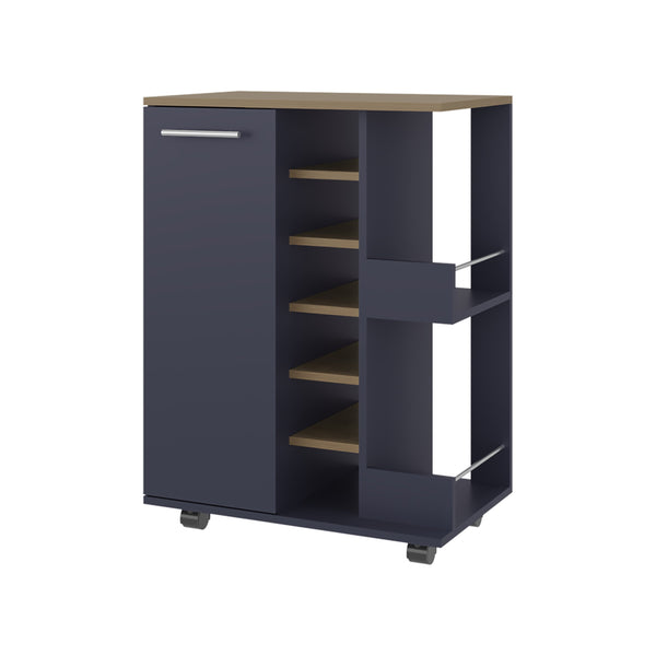 English Elm Bar Cart Alby Blue & Natural Oak 32.3" H with 1 Door and 10 Shelves — Compact Stylish Storage Solution B097P395893