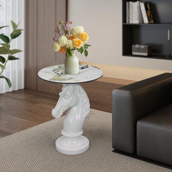 English Elm Horse Head Sculpted Resin End Table with Faux Marble Top for Bold Living Rooms White W5398P454678