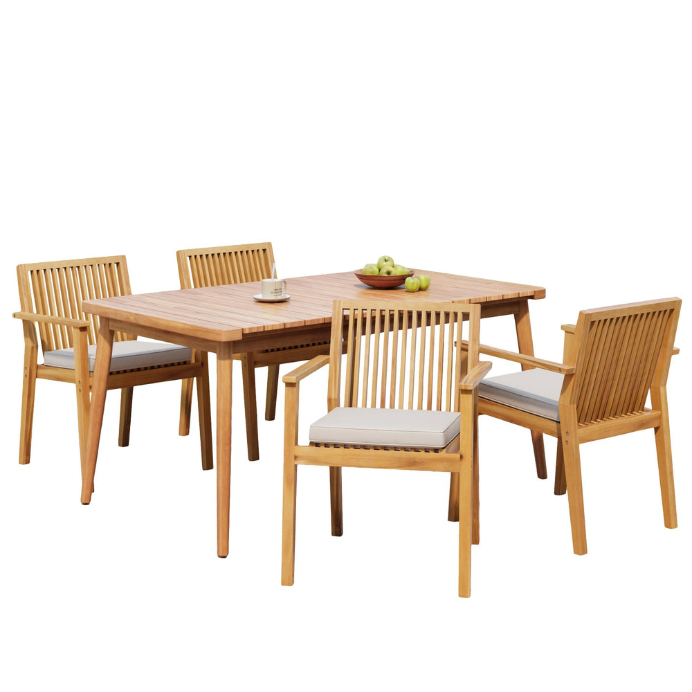 English Elm Christopher Knight Home® - 5-Piece Acacia Wood Outdoor Dining Set with Slatted Tabletop, Removable Cushions, Durable Craftsmanship Natural,Teak N779P269291N_N779P234497N-2