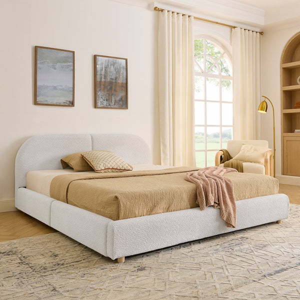 English Elm Queen Platform Bed Curved Headboard Circle Yarn Fabric with Four Wheeled Storage Drawers Beige W487S00481