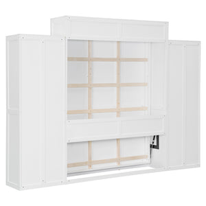 English Elm Full Size Murphy Wall Bed with Wardrobes Desk Drawers and Led Light in White LP000924AAK