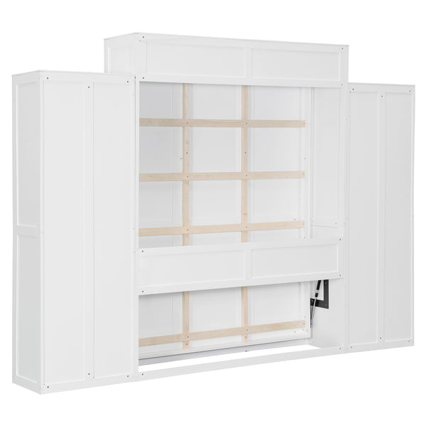 English Elm Full Size Murphy Wall Bed with Wardrobes Desk Drawers and Led Light in White LP000924AAK