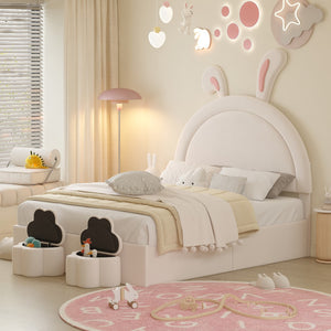 English Elm Full Size Upholstered Rabbit-Shape Bed With 2 Storage Stools, Velvet Platform Bed With Cartoon Ears Shaped Headboard, White