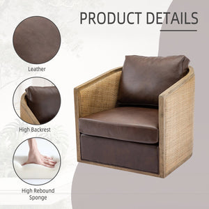 English Elm Swivel Barrel Chair Plush Leather Accent Seat with 360° Metal Base, Sturdy Hardwood Frame, 300lb Capacity Brown W395102739