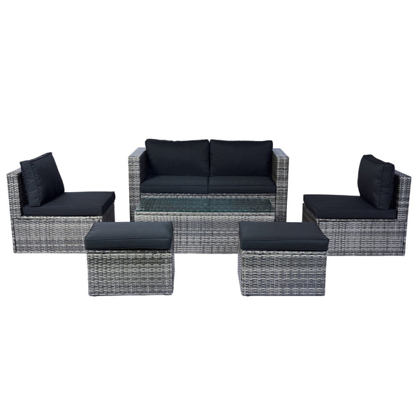 English Elm 6 Piece Patio Wicker Sectional Set with Space-Saving Nesting Design, Steel Frame, Tempered Glass Table and Weatherproof Cushions Grey+Black W329S00054