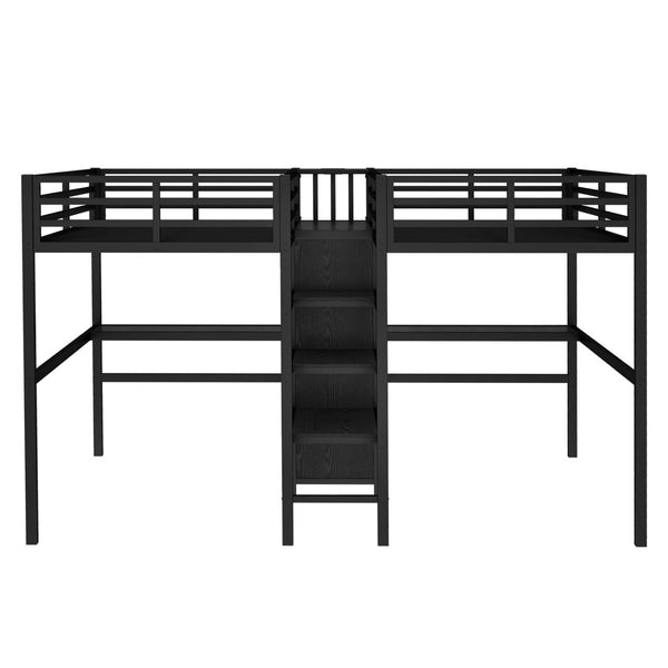 English Elm Twin Metal Loft Bed With Dual Desks, Wardrobe, Shelves & Power Outlet For Ultimate Space-Saving Design W1580S00114-GIGA