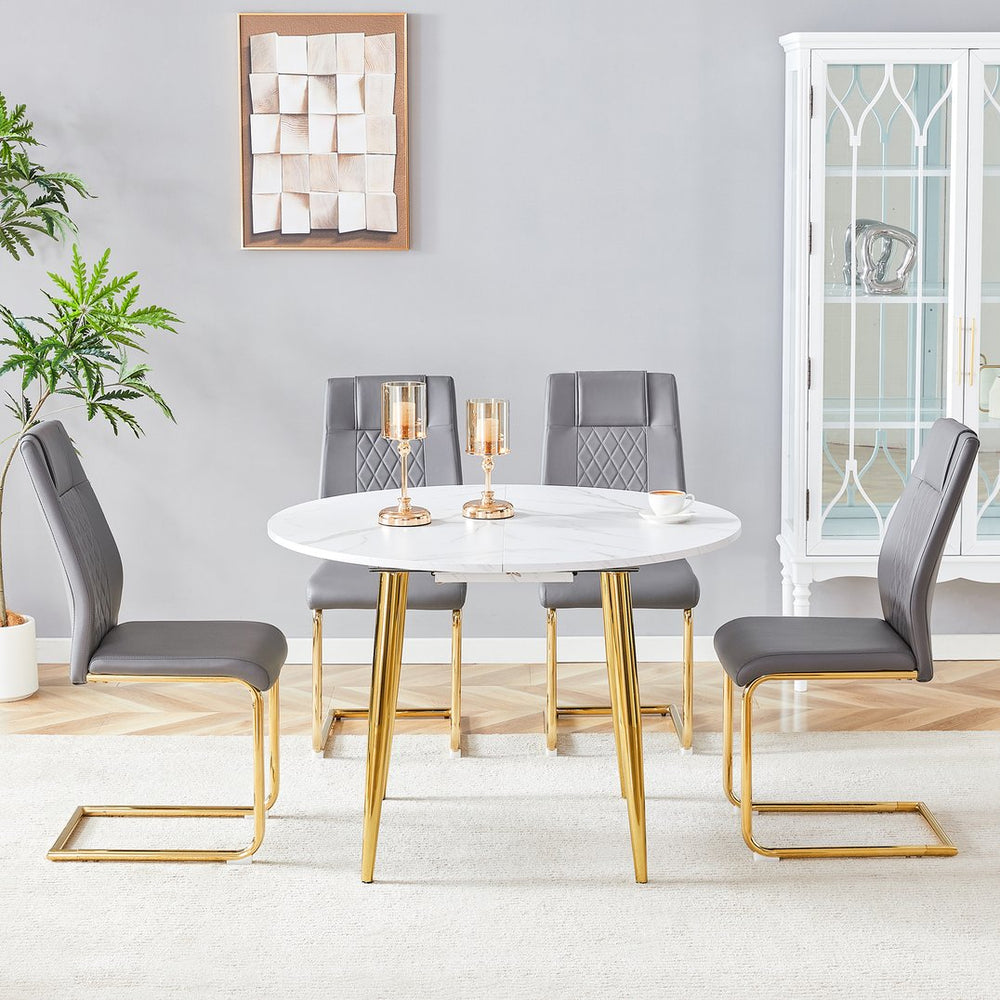 English Elm Table and Chair Set Extendable Mdf Round Oval Dining with Gold Arched Legs Dark Gray,White+Gold W1151S03947