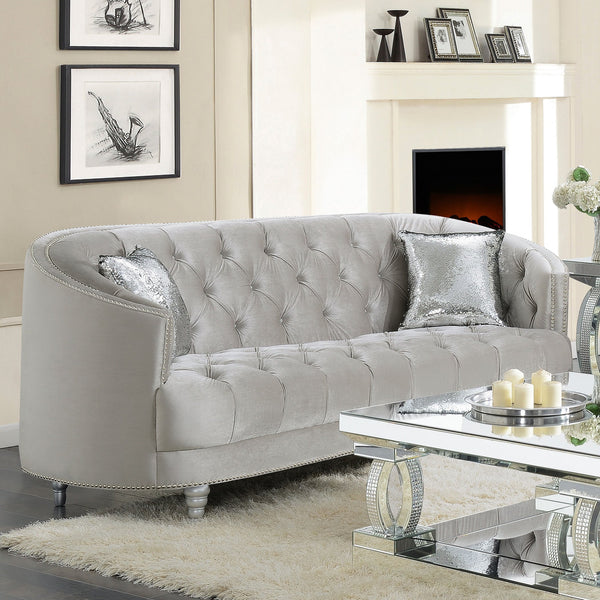 English Elm Dolby Grey Velvet Tufted Sofa with Chrome Nailhead Trim and Silver Turned Legs — 87"L Modern Luxe B062P357805