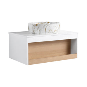 English Elm 30" Floating Wall Mount Bathroom Vanity Open Shelf Ceramic Vessel Sink Modern White Gold+White,White + Light Oak W3450S00058