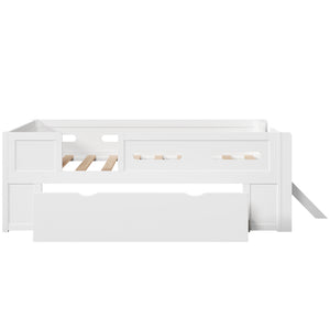 English Elm Wood Twin Platform Bed for Kids with Fence Guardrail and Under Storage Drawer White N709P385777K