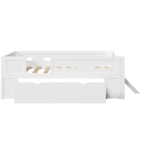 English Elm Wood Twin Platform Bed for Kids with Fence Guardrail and Under Storage Drawer White N709P385777K