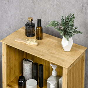English Elm HOMCOM Bamboo Floor Cabinet Bathroom Organizer Tower with Shelved Storage, Slatted Doors & Elevated Base Natural W2225P216999