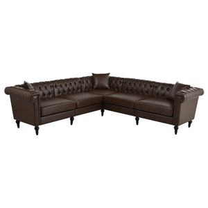 English Elm Sectional Chesterfield Sofa with Tufted Back Nailhead Trim Pu Leather 5 Seat Living Room Dark Brown W680S00113