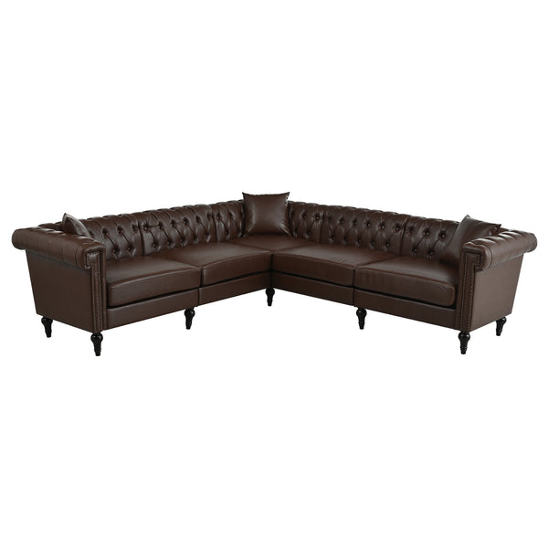 English Elm Sectional Chesterfield Sofa with Tufted Back Nailhead Trim Pu Leather 5 Seat Living Room Dark Brown W680S00113