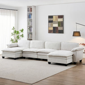 English Elm Living Room U-shape Chenille Sectional Sofa with Two Ottomans Pocket Coil Support Beige W1097S00237