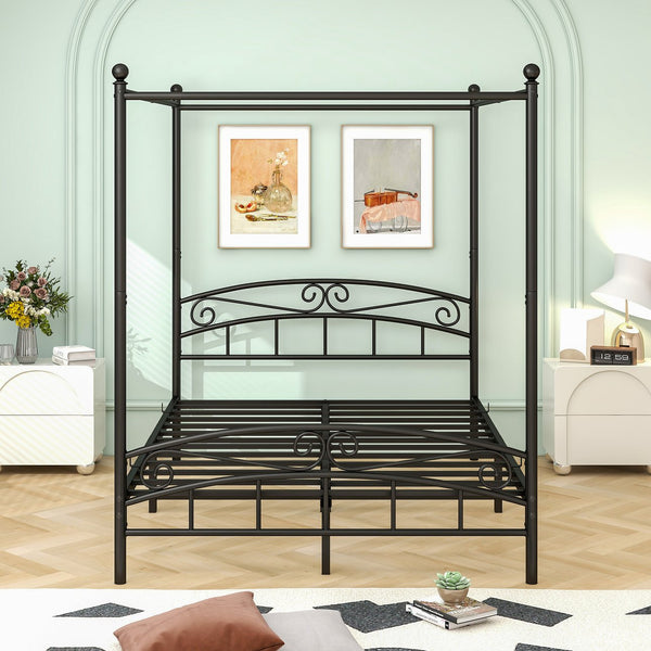 English Elm Queen Metal Canopy Bed Frame with Headboard & Footboard, Black Steel, 500lb Capacity, 12.4" Storage W84034157