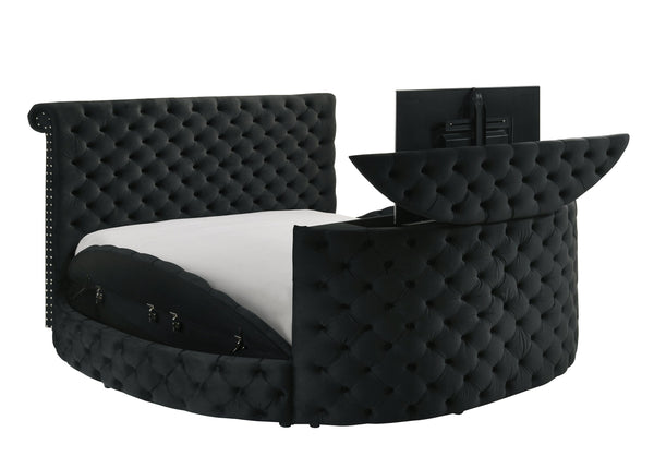 English Elm Luxurious King Size Bed Set With Tufted Black Velvet, Tv Lift, Electric Fireplace & Nightstands B2741S00121