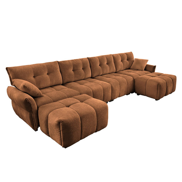 English Elm 4-seater Chenille Sofa Set with Ottomans Solid Wood Frame Tufted Living Room Burnt Orange W714S01668