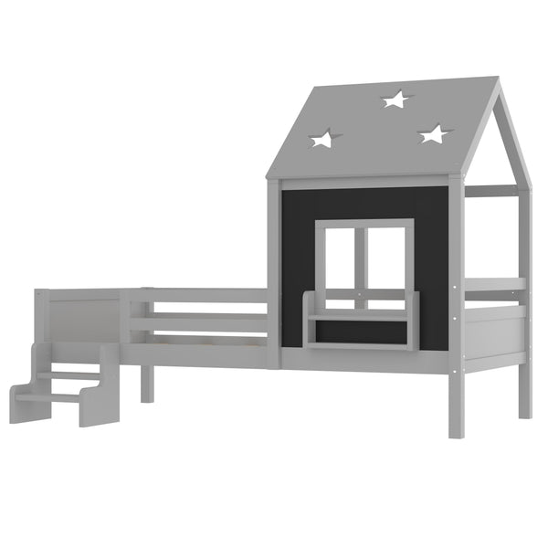 English Elm Full Bunk Bed with Trundle Bookshelf Storage Pine Frame Car Design for Kids Gray W1580S00294
