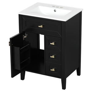 English Elm "24'' 24 Inch Glossy Freestanding Bathroom Vanity with Gold Hardware and Soft Close Storage Black Rubberwood N725P448529B