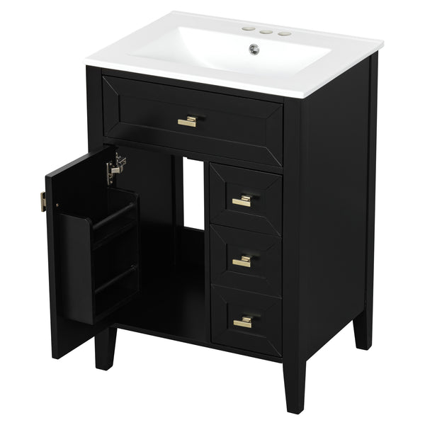 English Elm "24'' 24 Inch Glossy Freestanding Bathroom Vanity with Gold Hardware and Soft Close Storage Black Rubberwood N725P448529B