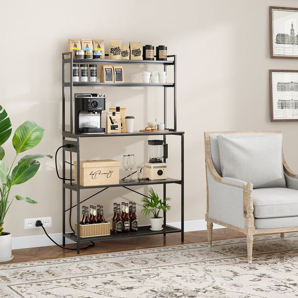 English Elm Large Five Tier Industrial Bakers Rack with Built in Outlets Microwave Stand Kitchen Organizer Black T3623P431203