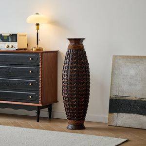 English Elm A 39-inch hand-woven bamboo floor vase in Acacia Wood PVC finish — 37.75" tall modern rattan decor for entryway W2796P283884