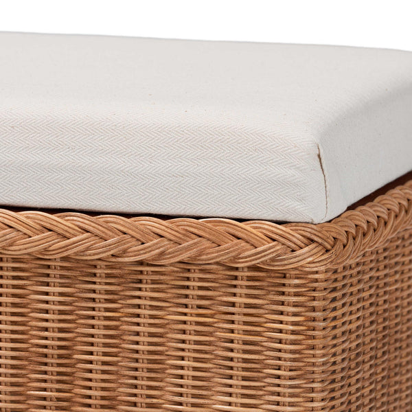 English Elm Braided Rattan Mahogany Storage Bench with Cushioned Lift Top for Coastal Boho Rooms B2750P467839
