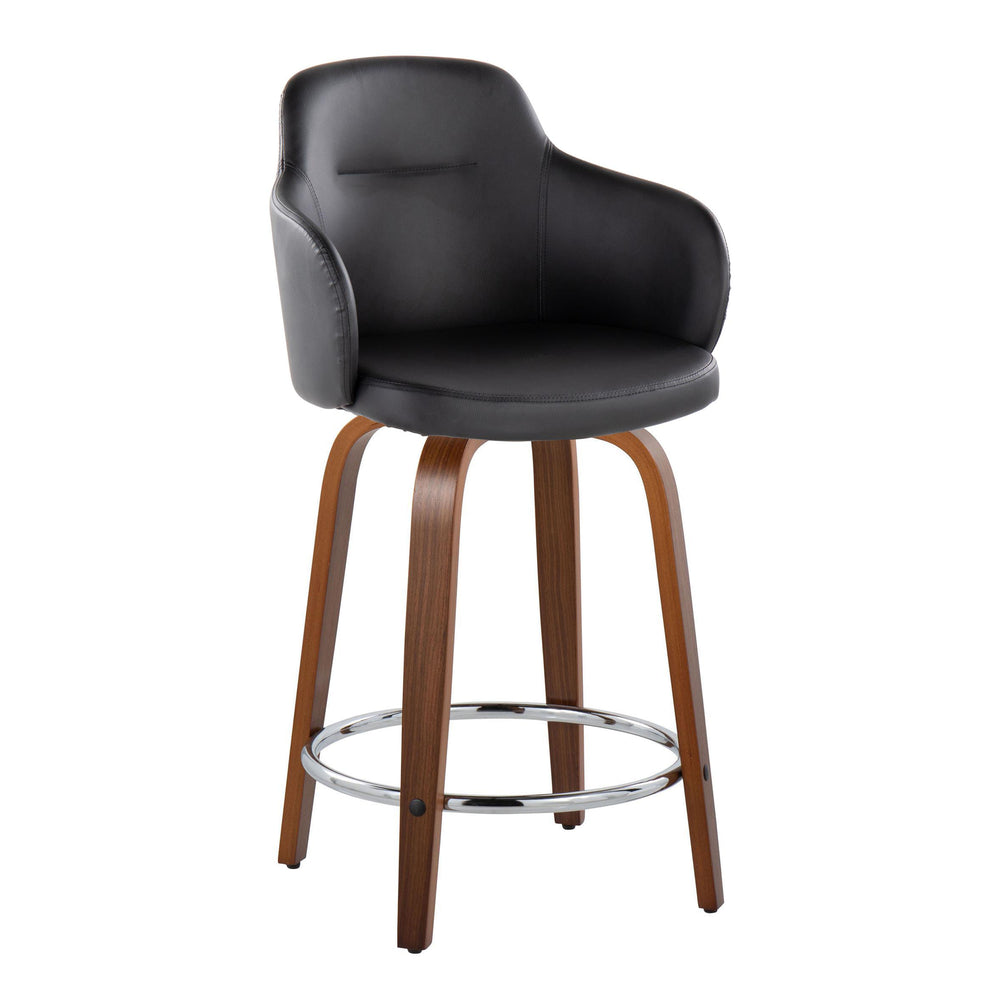 English Elm 24" Swivel Counterstools Walnut Base Faux Leather Bucket Seat Chrome Footrest Pair B202S00009