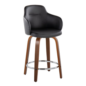 English Elm 24" Swivel Counterstools Walnut Base Faux Leather Bucket Seat Chrome Footrest Pair B202S00009