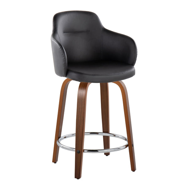 English Elm 24" Swivel Counterstools Walnut Base Faux Leather Bucket Seat Chrome Footrest Pair B202S00009