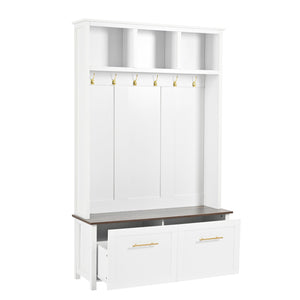 English Elm On-trend Entryway Hall Tree with Gold Hooks Bench Drawers and Shoe Cabinet Storage White N721S000056K-1