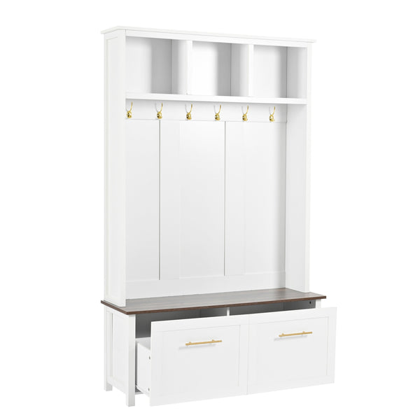 English Elm On-trend Entryway Hall Tree with Gold Hooks Bench Drawers and Shoe Cabinet Storage White N721S000056K-1