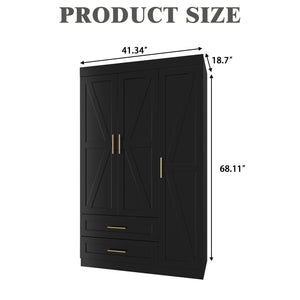 English Elm Shaker Three Door Wardrobe Armoire with Hanging Rod and Shelves for Bedroom Black T3210S00006