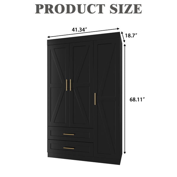 English Elm Shaker Three Door Wardrobe Armoire with Hanging Rod and Shelves for Bedroom Black T3210S00006