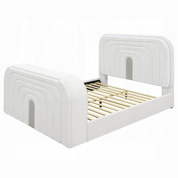 English Elm Shelyn Plush Teddy Sherpa EK Bed with LED Headboard, Built-In Fireplace, TV Lift and Bluetooth Speaker White 85.63 L x 12.6 W x 6.18 H B2726S00477