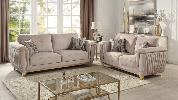 English Elm Leena Contemporary Upholstery 2Pc Living Room Set With Gold Accents & Plush Beige Comfort Design B009S01440