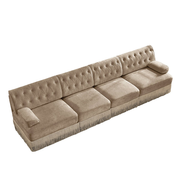 English Elm 135" Modular Chesterfield Sectional Velvet Tufted Sofa with Tassel Skirt for Lounge Rooms Camel W714S01699