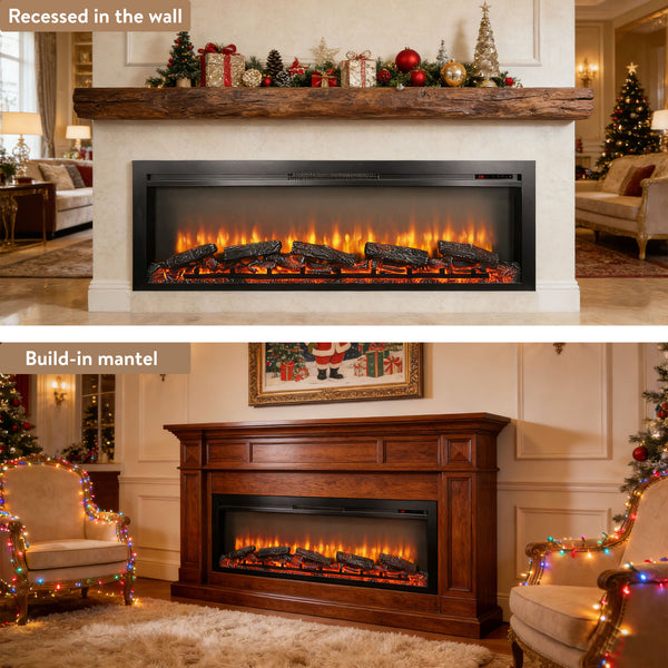 English Elm 54 Inch Recessed Electric Fireplace with Led Flame Display and Remote for Living Rooms W1769P415223