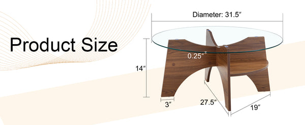 English Elm Round Tempered Glass Coffee Table with Fan Pedestal Base for Modern Living Rooms Transparent,Walnut W1151P256004