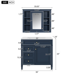English Elm 36'' Modern Bathroom Vanity with Mirror Cabinet and Sink, Spacious Storage, Soft-Close Doors & Drawers Blue SW000134AAC-3