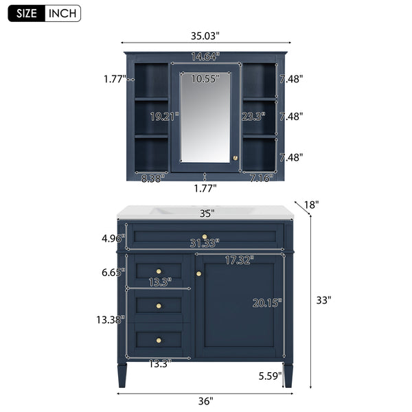 English Elm 36'' Modern Bathroom Vanity with Mirror Cabinet and Sink, Spacious Storage, Soft-Close Doors & Drawers Blue SW000134AAC-3