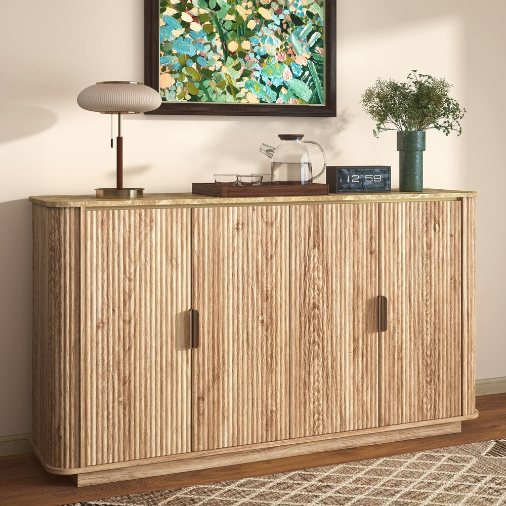 English Elm 60'' Fluted Oak Credenza with Faux Marble Top and Gold Trim Four Door Buffet Natural Wood W5216P454717