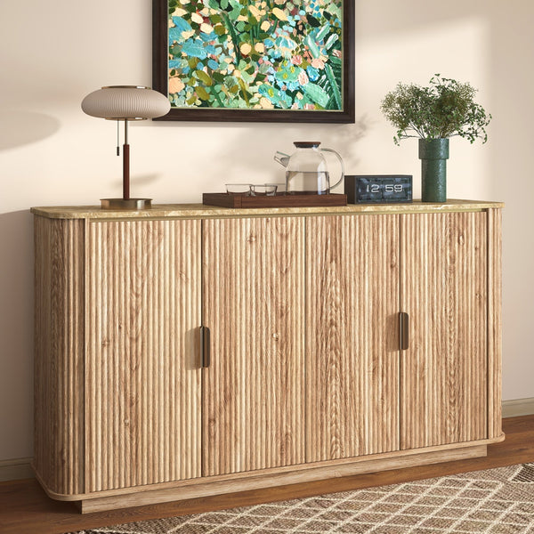 English Elm 60'' Fluted Oak Credenza with Faux Marble Top and Gold Trim Four Door Buffet Natural Wood W5216P454717