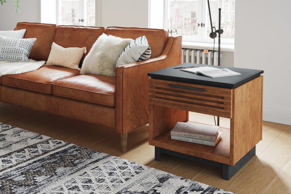 English Elm 24" Scandinavian Side Table in Black & Bourbon Finish, Poplar/Okume Craft, Drawer + Shelf, Ready B108131541