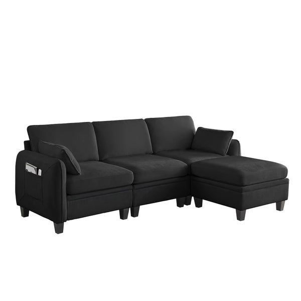 English Elm 102 Inch Linen Modular Sectional Sofa with Hidden Storage and Cloud Cushion Comfort Black W1099S00214