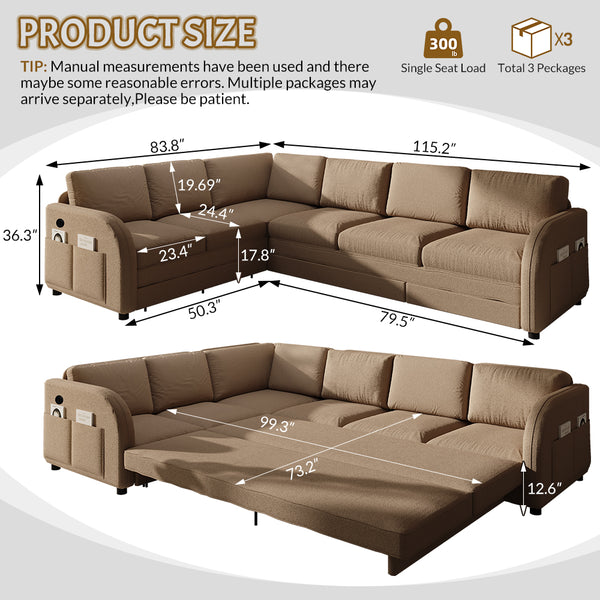 English Elm 115.2" Oversized Teddy Fabric Sectional Sleeper Sofa with Usb Ports and Modular Chaise Brown W1885S00318