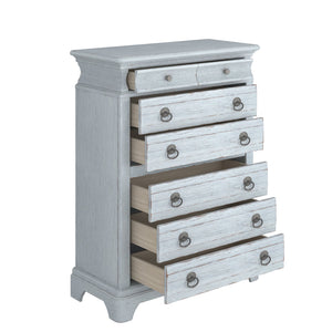 A.R.T. Furniture Summer Elegance Drawer Chest - Shutter Blue Flakey Oak, 8 Drawers With Secret Compartment & Chevron Design Blue Flakey Cathedral Oak Veneer,Parawood Solids 251150-1361