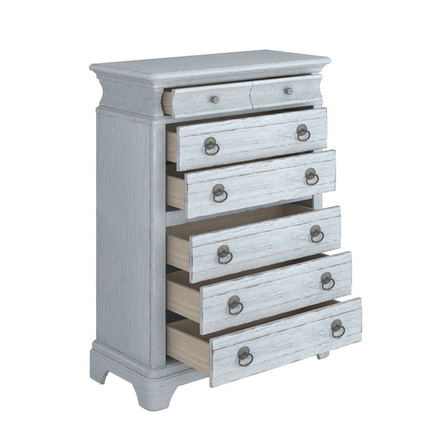 A.R.T. Furniture Summer Elegance Drawer Chest - Shutter Blue Flakey Oak, 8 Drawers With Secret Compartment & Chevron Design Blue Flakey Cathedral Oak Veneer,Parawood Solids 251150-1361