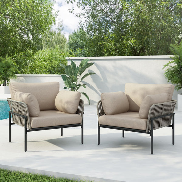 English Elm Christopher Knight Home® - [Set Of 2] 36" Beige Iron Lounge Chairs With Plush Cushions & Rope Weave, Perfect For Indoor/Outdoor N767P237035G_2